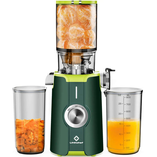 Rush Clear Cold Press Juicer Slow Juicer Machines with No-Prep 4.35"Feed Chute Fit Whole Fruits & Vegetables LINKChef Juicer Machines Easy to Clean 42oz Capacity 200w Green