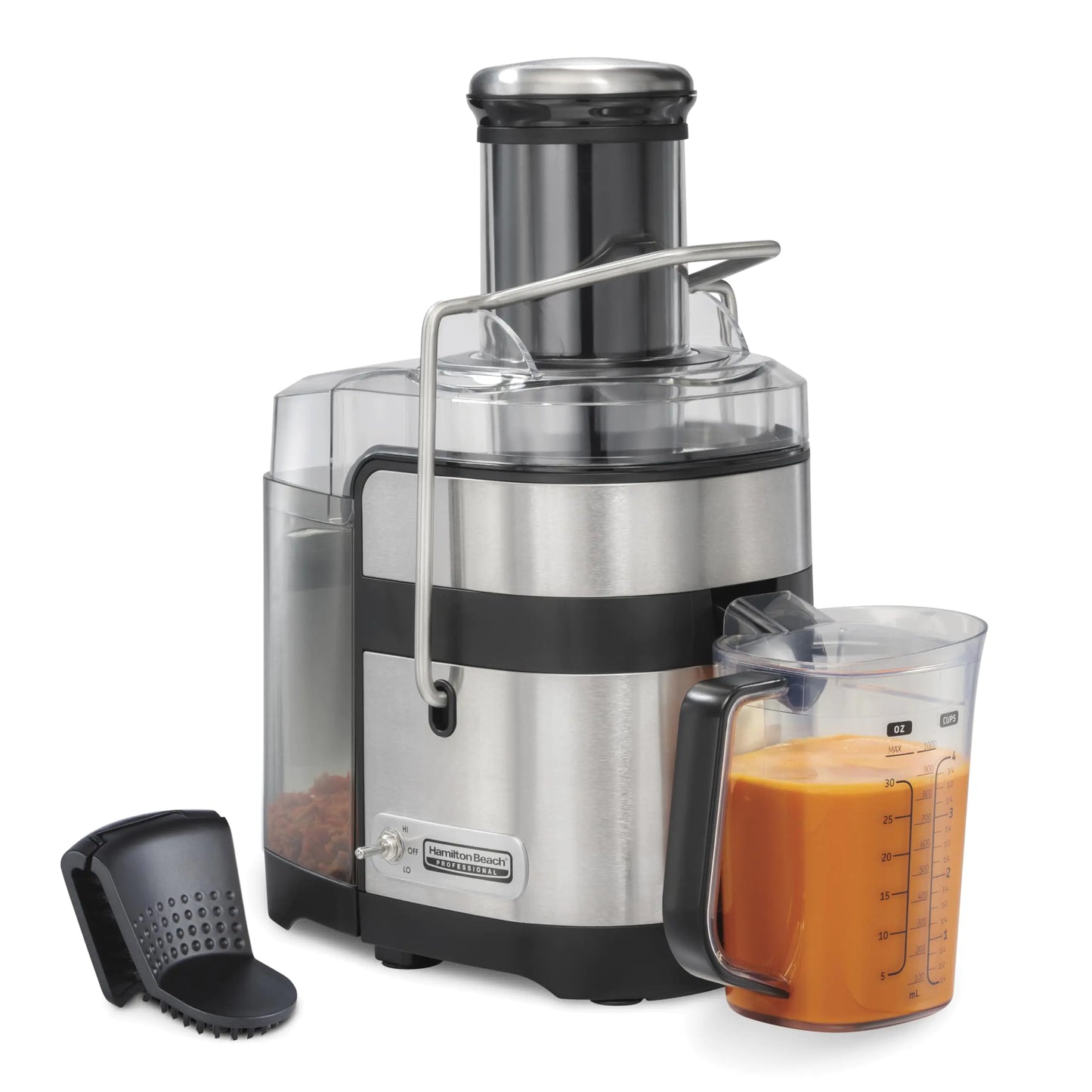 Hamilton Beach Professional Juicer Machine Centrifugal Extractor with 3.5” Super Chute for Whole Fruits and Vegetables 1100 Watts Easy Sweep Cleaning Tool Black (67906)